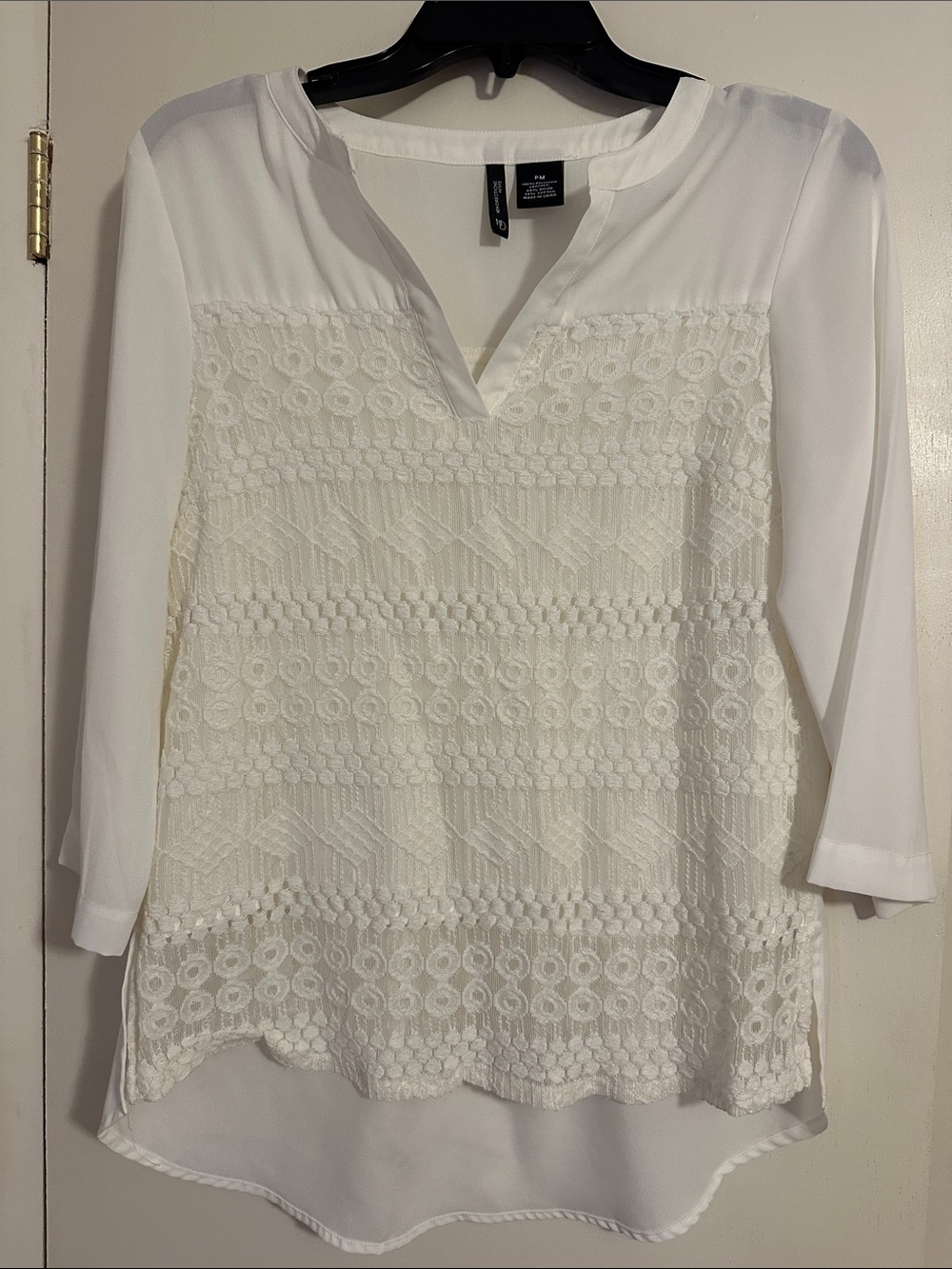 new directions Ivory Lace-Front Split-Neck Tunic